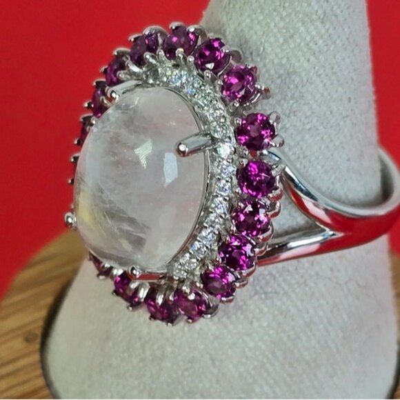 925 Sterling Silver Ring with Natural Moonstone & Rhodolite Garnet Gems - Picture 9 of 12